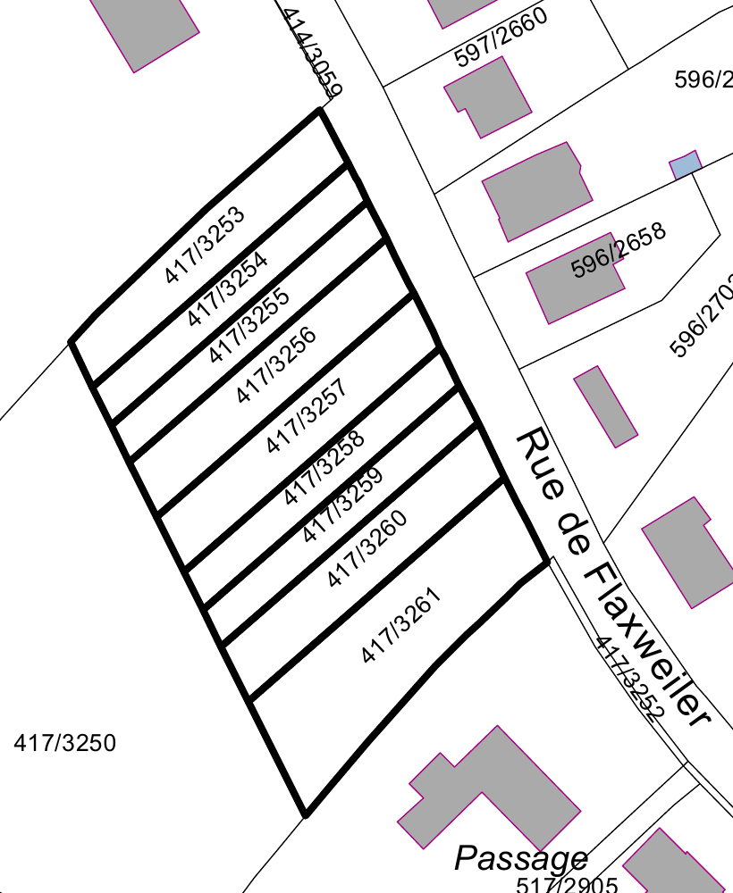 Extrait du plan cadastral officiel – Commune de Betzdorf, Section C d’Olingen – lots 417/3253 à 417/3261, Rue de Flaxweiler